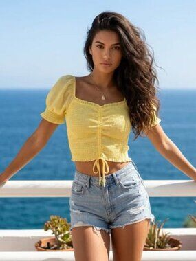 Love Tree Women's Yellow Smocked Puff Sleeve Crop Blouse Size Large New